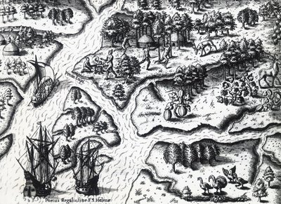 Fransmans ankomst till Port Royal 1564, av Theodor de Bry (1528-1598) från målning av Jacques le Moyne de Morgues (ca 1533-före 1588), gravyr av Theodore de Bry