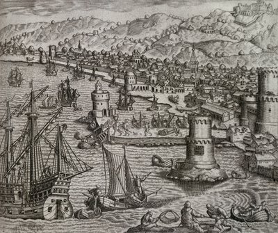 Ankomst av Girolamo Benzoni i hamnen i Las Palmas under hans resa till Amerika (1541), Kanarieöarna, gravyr av Theodor de Bry (1528-1598) av Theodore de Bry