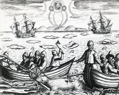 Aurora borealis och vitbjörnsjakt under tredje expedition ledd av William Barents (ca 1550-1597) på jakt efter nordostpassagen 1596, av Theodor de Bry (1528-1598), gravyr av Theodore de Bry