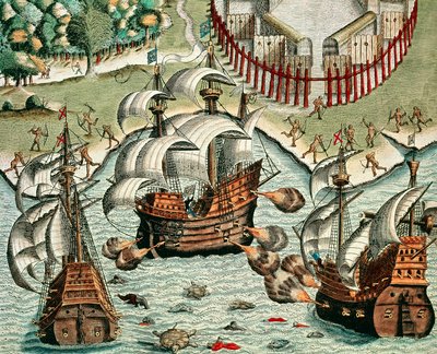 Strid mellan fransmän och portugisiska utanför Buttugar av Theodore de Bry