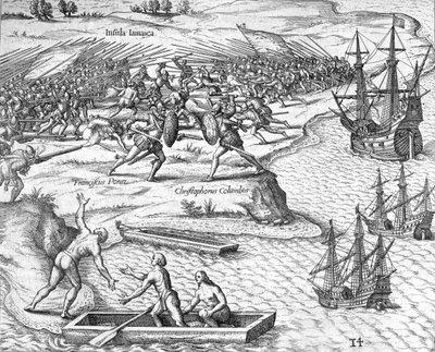 Slaget på Jamaica mellan Christopher Columbus och Francisco Poraz, 1504 1631 av Theodore de Bry