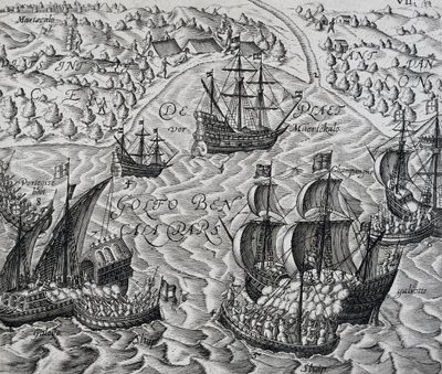 Strid framför staden Matical i Bengaliska viken, gravyr från Indiae Orientalis, av Theodor de Bry (1528-1598) av Theodore de Bry