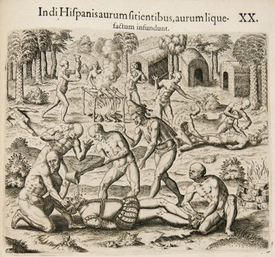 Eftersom spanjorerna törstar efter guld, häller indianerna flytande guld i dem. Från: Americae pars qv av Theodore de Bry