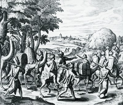 Karavan av arabiska köpmän som reser från Aleppo till Basra, gravyr från Grands and Petits Voyages, av Theodor de Bry (1528-1598), Mellanöstern av Theodore de Bry
