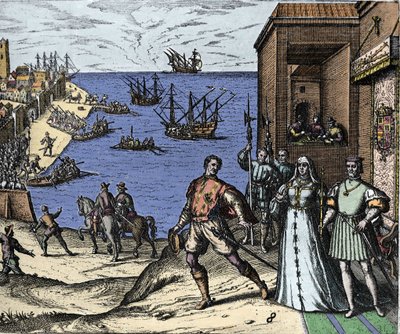 Christopher Columbus och bröderna Pinzon lämnar hamnen i Palos i Spanien den 03/08/1492 för den nya världen. Höger Kungen och drottningen av Portugal katolska Ferdinand II av Aragon och Isabella Iere av Kastilien. Gravyr av Theodore de Bry i "" Admirante av Theodore de Bry