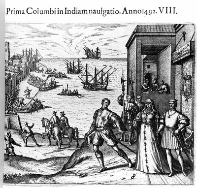 Christopher Columbus och bröderna Pinzon lämnar hamnen i Palos i Spanien den 03/08/1492 för den nya världen. Höger Kungen och drottningen av Portugal katolska Ferdinand II av Aragon och Isabella Iere av Kastilien. Gravyr av Theodore de Bry i "" Admirante av Theodore de Bry