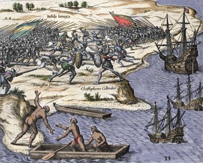 Christopher Columbus fjärde resa till Jamaica 1502-1504: strid mot Francisco Poraz. Gravyr från "Historia Americae sive Novi Orbis" av Theodor de Bry (1527-1598), Amsterdam 1594. av Theodore de Bry