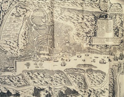 Staden Goa i Indien, gravyr av Theodor de Bry (1528-1598) från Reseskildring av sjömannen Jan Huyghen van Linschotens resa till portugisiska Ostindien 1579-1592), 1500-talet av Theodore de Bry