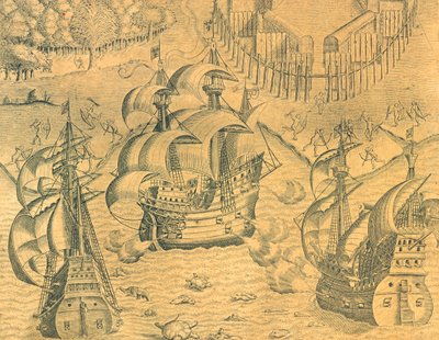 Krock mellan franska och portugisiska fartyg i Atlanten för innehav av Brasilien, Illustration från amerikansk historia av Theodore de Bry av Theodore de Bry