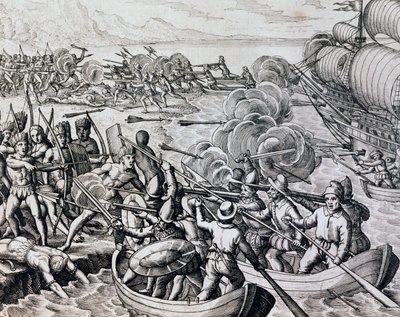 Krock mellan infödda indianer och spanska trupper, gravyr från Historia Americae, av Theodor de Bry (1528-1598), Frankfurt av Theodore de Bry