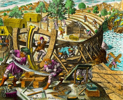Konstruktion av en båt för den spanske navigatören Vasco Nunez de Balboa (1475-1517) Gravyr från "History of the Americas" av Theodore de Bry (1528-1598) 1500-talet. Privat samling av Theodore de Bry