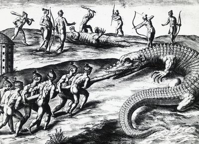 Krokodiljakt i Florida, från målning av Jacques le Moyne de Morgues (ca 1533-före 1588), av Theodor de Bry (1528-1598). gravyr av Theodore de Bry