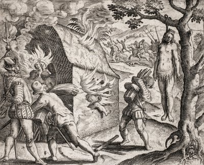 Beskrivning av brott som tillfogats indianer av spanska bosättare - Brand i en indianby av Conquistadorerna. Hanging - Gravyr av Theodore de Bry i "Den sannaste historien om några av de förkrossade spanjorerna" av Bartolome de las Casa av Theodore de Bry