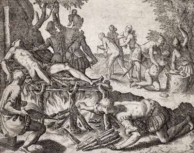 Beskrivning av brott som tillfogats indianer av spanska bosättare - Scen för tortyr av indianer av spanska conquistadorer. Tortyr på en grill, amputation av händer - Gravyr av Theodore de Bry i "" Narratio regionum indicarum per Hispanos quosdam devastatar av Theodore de Bry