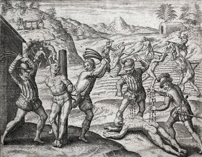 Beskrivning av brott som tillfogats indianer av spanska bosättare - Spanjorer som torterar indianer - Gravyr av Theodore de Bry i "Brevisima Relacion de la Destruction de las Indias"" av Bartolome de las Casas (1484-1566) av Theodore de Bry