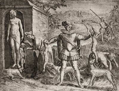 Beskrivning av brott som tillfogats indianer av spanska bosättare - Spanska conquistadorer som massakrerar indiska kvinnor och barn. Hängande. Children jetes aux chiens - Gravyr av Theodore de Bry i "" Narratio regionum indicarum per Hispanos quosdam devas av Theodore de Bry