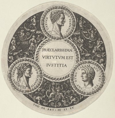 Design för ett fat med porträtt av de romerska kejsarna Caesar, Claudius och Otho, ca...., ca. 1588. av Theodore de Bry