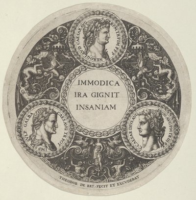 Design för en maträtt med porträtt av de romerska kejsarna Nero, Galba och Caligula, ca. ..., ca. 1588. av Theodore de Bry