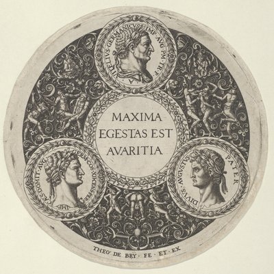 Design för ett fat med porträtt av de romerska kejsarna Vitellius, Domitianus och August..., ca. 1588. av Theodore de Bry