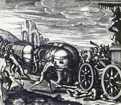 Anhängare som krossas av vagn under procession av idol, av Theodor de Bry (1528-1598), gravyr av Theodore de Bry