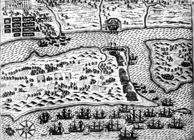 Drake fångar båten "" Saint Augustine "", 1586, av De Bry av Theodore de Bry