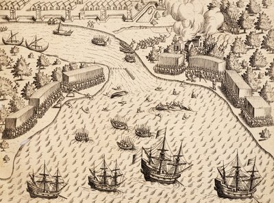 Holländare anländer till Madura Island, Java, gravyr från arbetet India Orientalis, av Theodor de Bry (1528-1598), Indonesien av Theodore de Bry