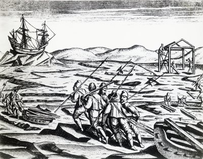 Expedition ledd av William Barents (ca 1550-1597) på jakt efter nordostpassagen, från Peregrinationes, av Theodor de Bry (1528-1598), gravyr av Theodore de Bry