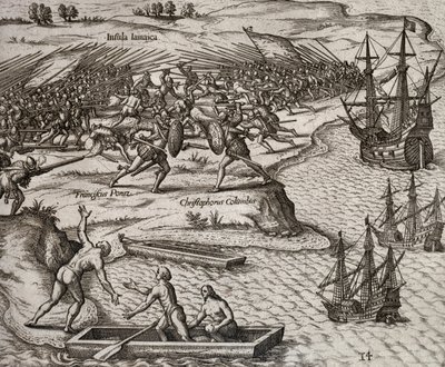 Slagsmål mellan Christopher Columbus och Francesco Poresio på Jamaica, gravyr av Theodor de Bry (1528-1598) av Theodore de Bry