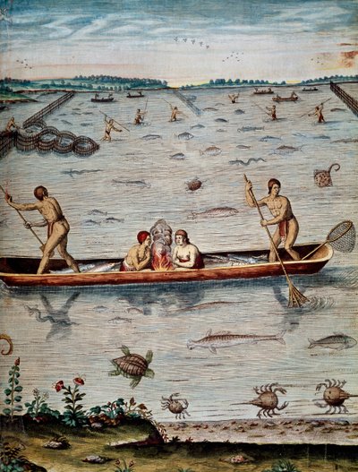 Fisketekniker för de infödda i Virginia, gravyr av Theodor de Bry (1528-1598) från Admiranda narrative trust tamen, commodis et de incolarvm ritibvs Virginae av Theodore de Bry