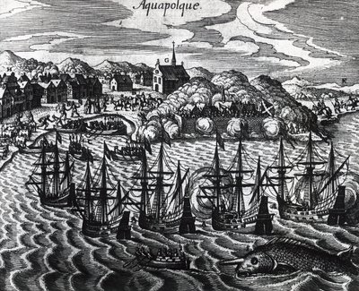 Flotta av galjoner i Acapulcos hamn, av Theodor de Bry (1528-1598), gravyr av Theodore de Bry