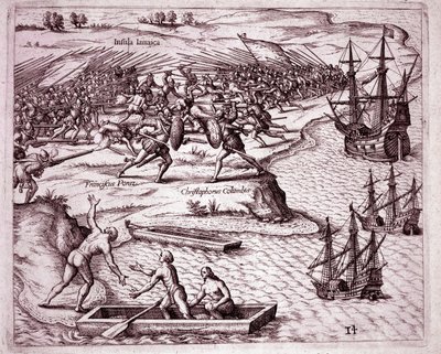 Christopher Columbus fjärde resa på ön Jamaica 1503 (gravyr av Theodore de Bry