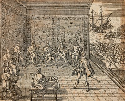 Francisco Pizarro förbereder sig för sin expedition till Sydamerika, av Theodor de Bry av Theodore de Bry