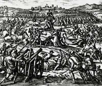 Francisco Pizarros (ca 1475-1541) trupper som fångar inkakejsaren Atahualpa under slaget vid Cajamarca, 16 november av Theodore de Bry