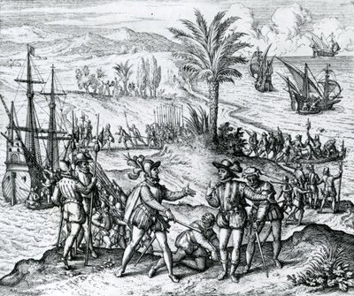 Francisco de Bobadilla anländer som guvernör och arresterar Christopher Columbus (1451-1506) på Hispaniola, 1500, 1590 av Theodore de Bry