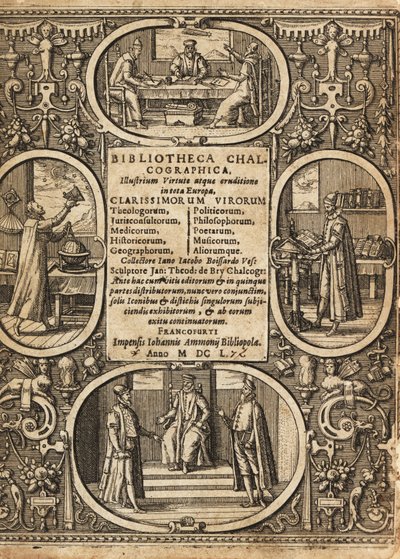 Frontispice med vinjetter av forskare inom gränserna. av Theodore de Bry