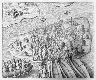 Hans Staden tillfångatagen av Tupinamba-indianerna under sin resa till Brasilien, 1552, från 