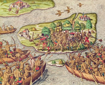 Hans Staden fångas av indianer i Brasilien av Theodore de Bry
