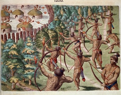 Amerikas historia: "" En indisk stam attackerar en by i Florida på natten"" Gravyr från "" Admirante Narratio Americae"" av Theodore de Bry (1528-1598) av Theodore de Bry