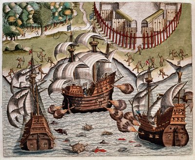 Amerikas historia: "" Slaget mellan de portugisiska flottorna och de franska flottorna utanför Brasiliens kust i Potiguariska havet"" Recit av Hans Stadens resor, tysk upptäcktsresande som reste med de spanska flottorna till Brasilien, tillfångatagen av Tu av Theodore de Bry