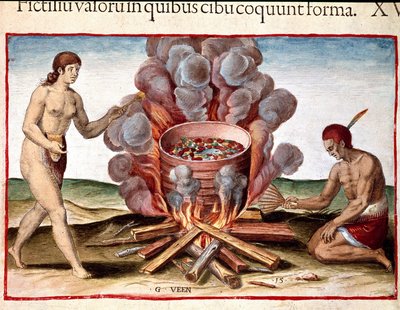 History of America: "Indian Cooking Fish" Gravyr från "The Admirable Narrative of America" ​​av Theodore de Bry (1528-1598) av Theodore de Bry