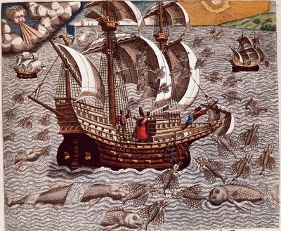 Amerikas historia: "" Resan av spanska karaveller omgiven av flygande fiskar"" Recit av Hans Stadens resor, tysk upptäcktsresande som reste med de spanska flottorna till Brasilien, tillfångatagen av Tupinamba-indianerna. Gravyr från "Americae tertia pars m av Theodore de Bry