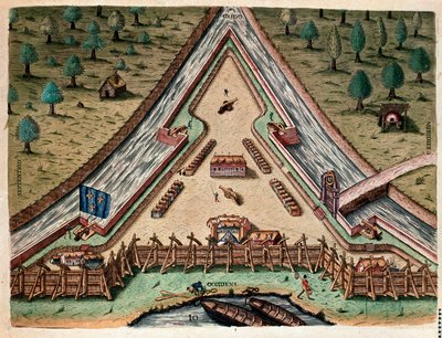 Amerikas historia: "Life of Fort Carolina, Bastion of Carolina" "Gravering från "Admirante Narratio Americae"" av Theodore de Bry (1528-1598) efter en teckning av Jacques le Moyne (de Morgues) (1533-1588) av Theodore de Bry