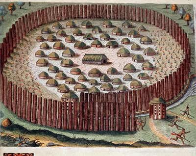 Amerikas historia: "" Representation av en indisk by befäst i Florida"" Gravyr från "" Admirante Narratio Americae"" av Theodore de Bry (1528-1598) av Theodore de Bry