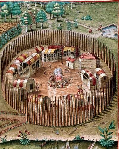 Amerikas historia: "" Representation av den befästa staden Pomeiock eller Pomeiooc i Virginia 1585""" Gravyr från "" Admirante Narratio Americae""" av Theodore de Bry (1528-1598) av Theodore de Bry