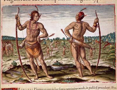 Amerikas historia: "" Two Inhabitants of Virginia, Indian Weapons of Arrows and Bow"" Gravyr från "" Admirante Narratio Americae"" av Theodore de Bry (1528-1598) av Theodore de Bry