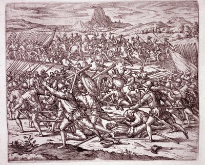 Historia om Amerika: slagsmål mellan arméerna Vaca de Castro och Almagro junior efter Francisco Pizarros och Diego de Almagros död (gravyr av Theodore de Bry