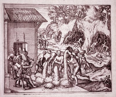 Amerikas historia: spanjorerna utnyttjar guldgruvorna (gravyr av Theodore de Bry
