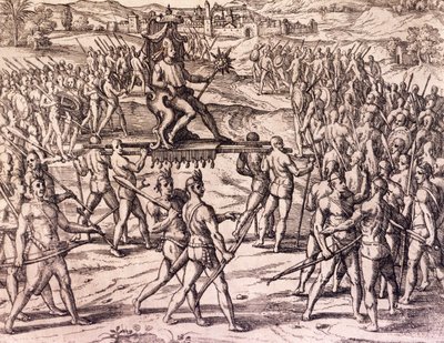 Inkakejsaren Atahualpa besegrad av Francisco Pizarros (1475-ca 1541) spanska trupper, Peru, gravyr från amerikansk historia av Theodore de Bry (1528-1598), Frankfurt av Theodore de Bry