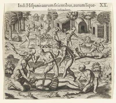 Indianer häller flytande guld i munnen på en spanjor, 1594. av Theodore de Bry