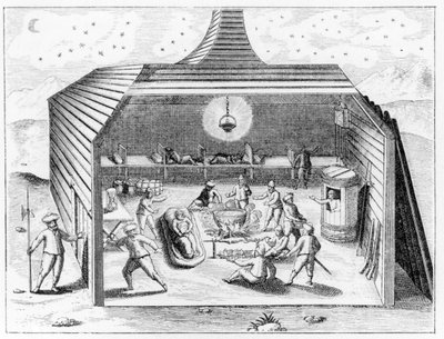 Inuti Barents hus på Novaja Zemlja, ur "The Voyage of the Vega round Asia and Europe" av A.E. Nordenskiold, publicerad 1881. av Theodore de Bry